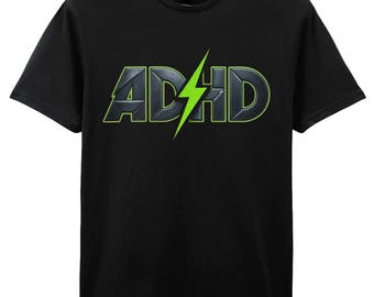 ADHD T-Shirt, Black Lightning Bolt Tee with Metallic Lettering | S-XL