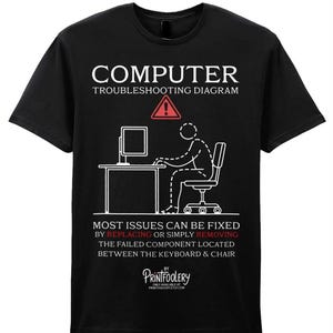 It Support Shirt, Black 100% Cotton Computer Troubleshooting Diagram Tee