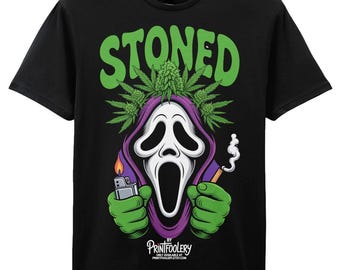 Funny Stoned Horror T-Shirt | Retro Cannabis Scream Mask Tee | Bold Stoner Humour Shirt