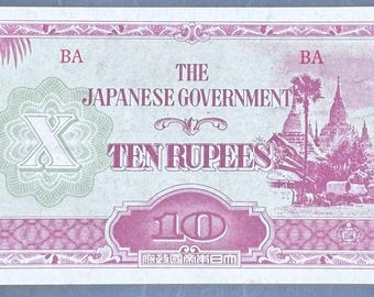Billete de 10 rupias de Birmania de 1944: dinero de la invasión japonesa de la Segunda Guerra Mundial