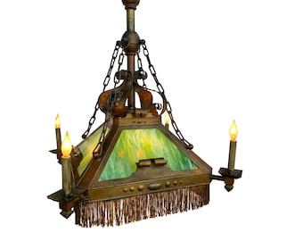 Antique Chandelier Mission Arts & Crafts Ceiling Light Fixture, Green Slag Glass, Rewired Late 1800s, Exceptionally Rare