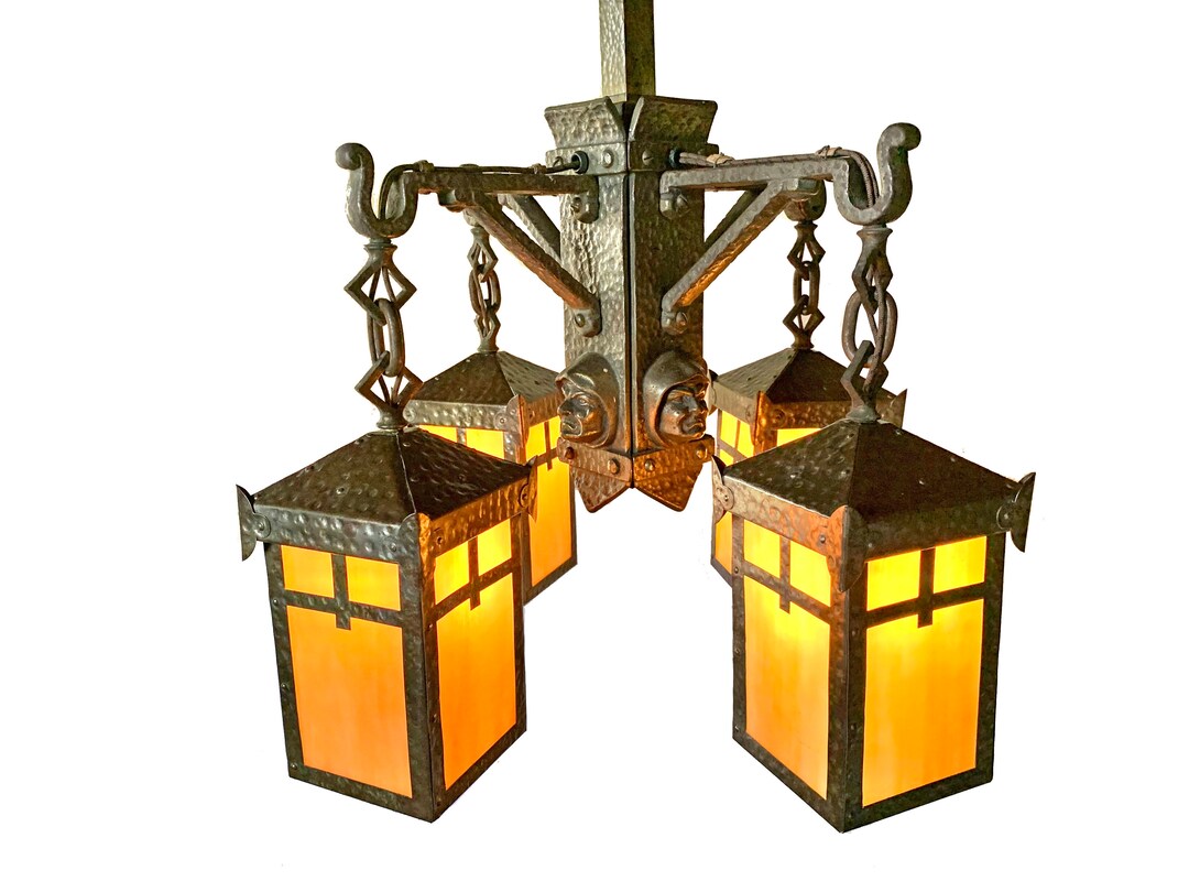 Antique Arts and Crafts Monks Head Slag Glass Chandelier Circa Etsy