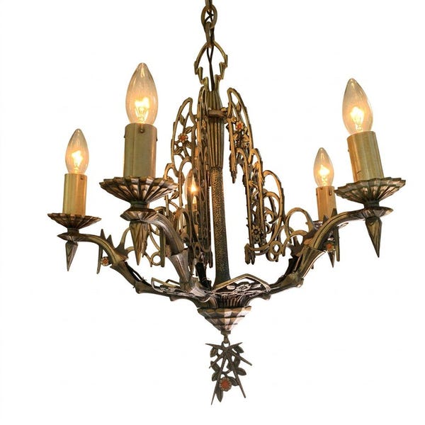 Antique Art Deco 5 Bulb Chandelier Mid-West Mnfr. Heavy Bronze Polychrome Rewired