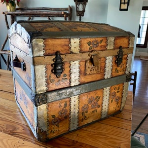 Antique Painted Travel Trunk With Flower Motif