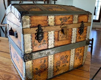 Antique Painted Travel Trunk With Flower Motif