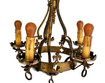 Rare Antique 1927 Lion Electric Company Brass Gothic Chandelier 5 Bulb Rewired