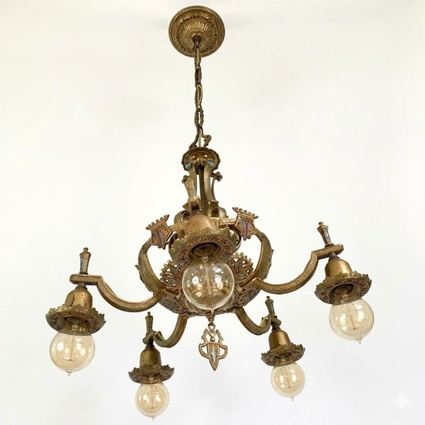 Antique 1930s 5-Light Chandelier Spanish Revival Polychrome Ceiling Fixture Rewired