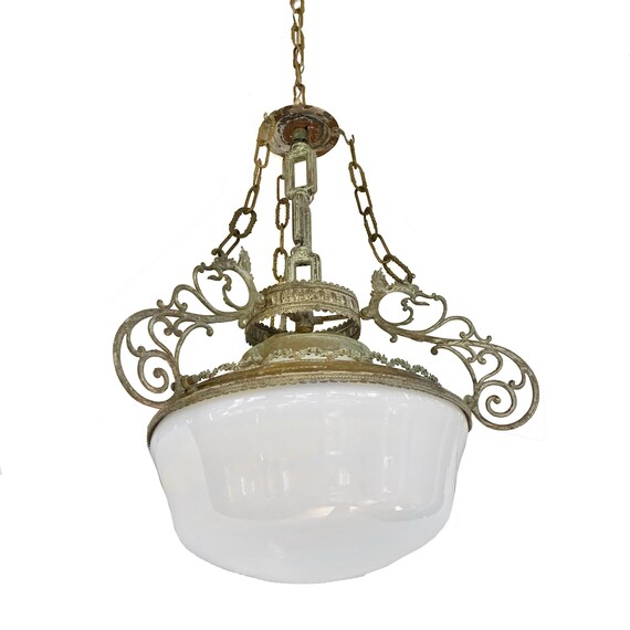 Antique Vintage Chandelier Three Griffins 1800s Rewired Art Nouveau Opal Glass Globe Ceiling Light Living Dining Room Pendant Light