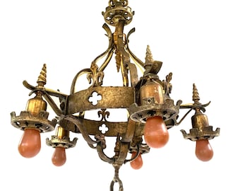 Very Rare Antique 1927 Lion Electric Company Brass Gothic Chandelier Rewired