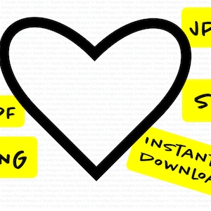 Op de afbeelding: Een zwarte omtrek van een hartvorm. De afbeelding bevat de tekst "JPEG", "SVG", "PDF", "PNG" en "DIRECT DOWNLOADEN" op gele rechthoeken. De achtergrond is wit.