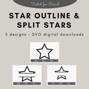 May include: Three black and white SVG digital downloads of star outlines. The first image shows a single star outline. The second image shows a star outline split in half horizontally. The third image shows a star outline split in half vertically. Each image includes the text "PDF - SVG - JPEG - PNG".