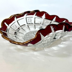 EAPG Clear Glass Dish Ruby Red Trim Curved Edges-Starburst Pattern