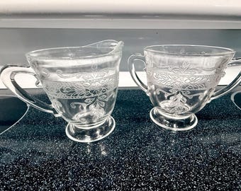 Macbeth Evans Stippled Rose Band Clear Creamer and Open Sugar