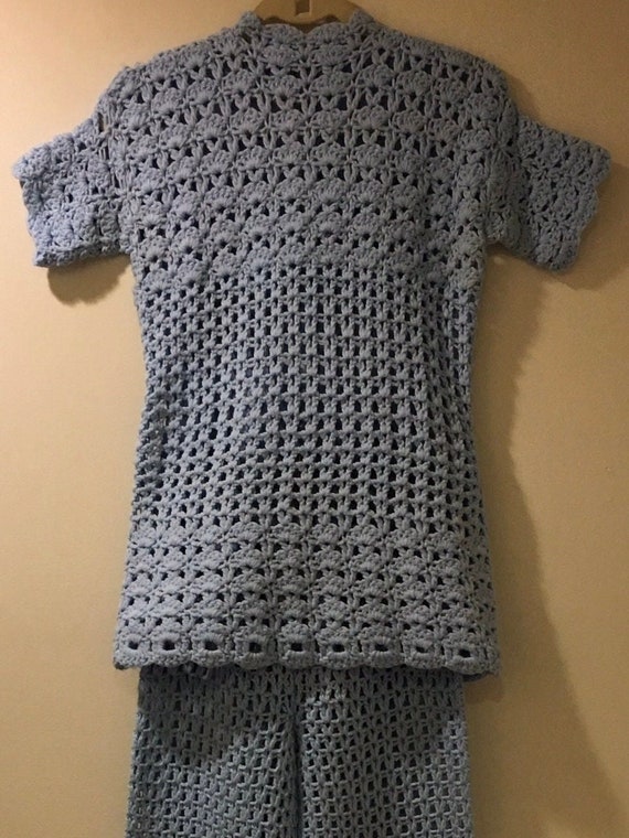 VTG Hand Crocheted 2 Piece Blue Tunic Top Bell Bot