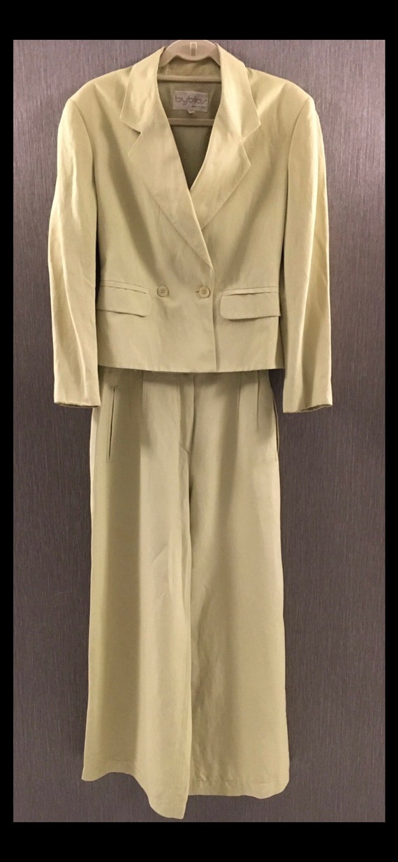 Byblos, Vintage, 1980’s, BYBLOS, Lime Green Linen, 2 Piece, High Waisted, Wide Leg, Palazzo Pants Suit. Made in Italy. Size 44.