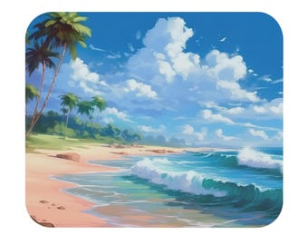 Pode incluir: Uma cena costeira com praia arenosa, ondas turquesas e um céu azul brilhante pontilhado de nuvens brancas e fofas. As palmeiras margeiam a costa, adicionando uma vibração tropical à obra de arte. A estética geral é suave e convidativa.