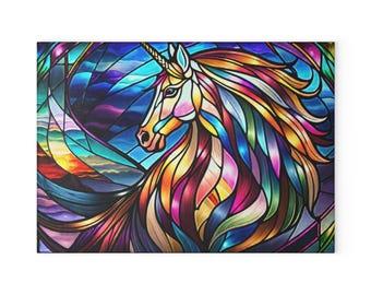 Stained Glass Unicorn Glass Cutting Board | Colorful Mythical Horse Kitchen Decor