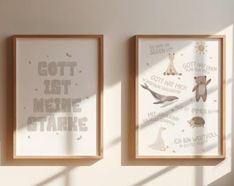 2er Set | christliche Kinderposter | Gott ist meine Stärke | Geburtsgeschenk | A4 & A3 | Poster christlich | Christliche Affirmationen