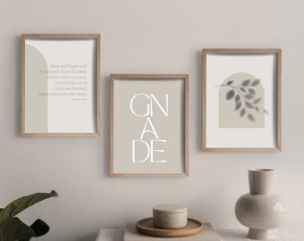 3er Set | Gnade | Christliche Poster | Wohnzimmer | Wanddeko | Bibelvers | Epheser 2,8-9 | Deutsch