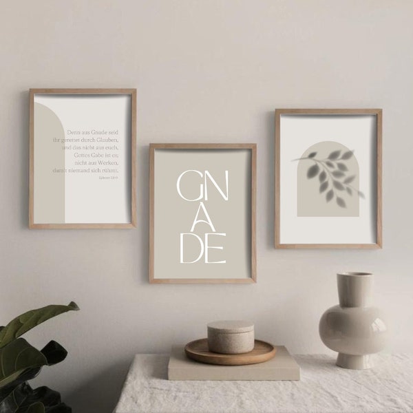 3er Set | Gnade | Christliche Poster | Wohnzimmer | Wanddeko | Bibelvers | Epheser 2,8-9 | Deutsch