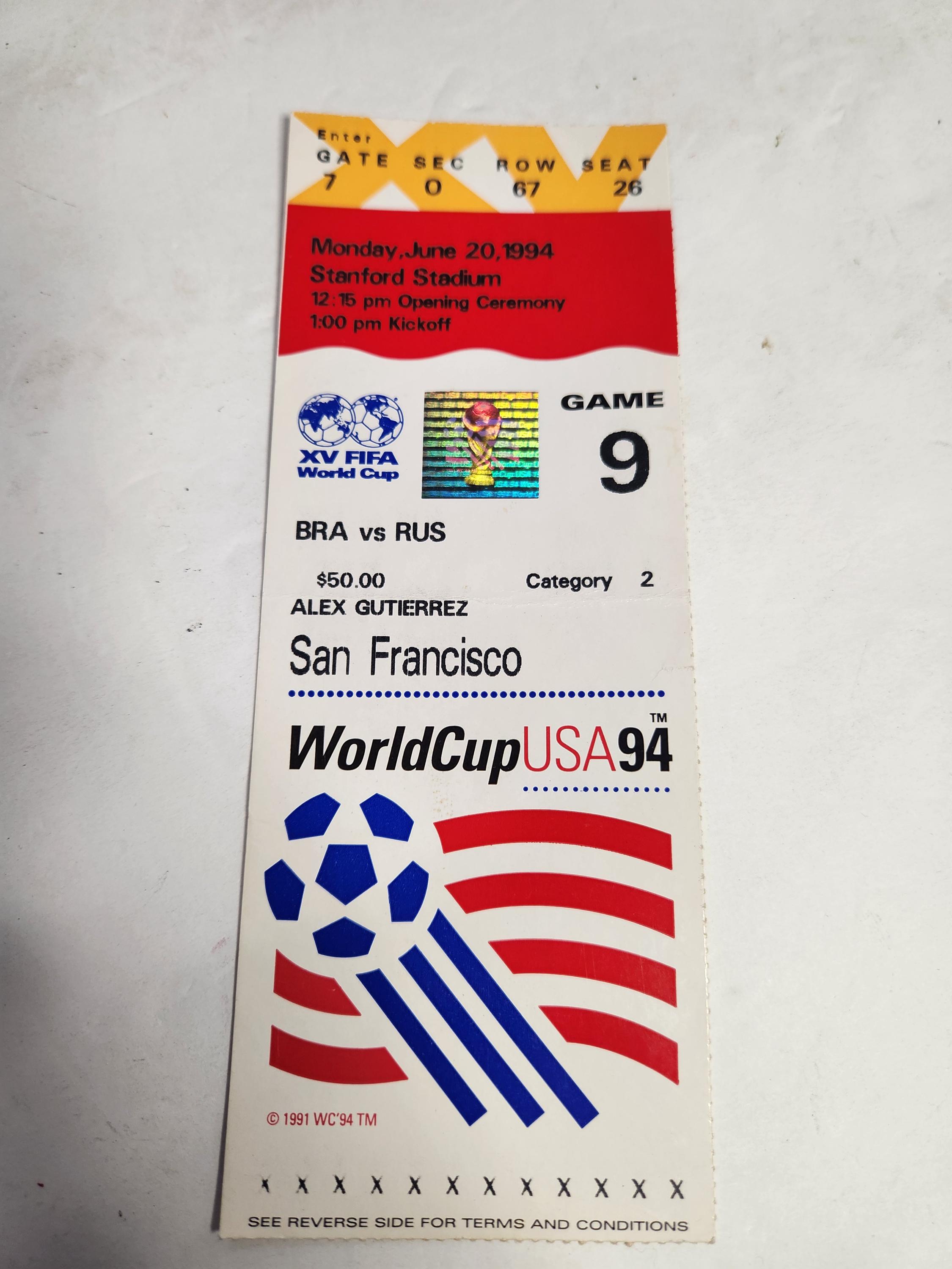 World Cup USA 1994 Ticket Stub Champion Brazil Russia Opening