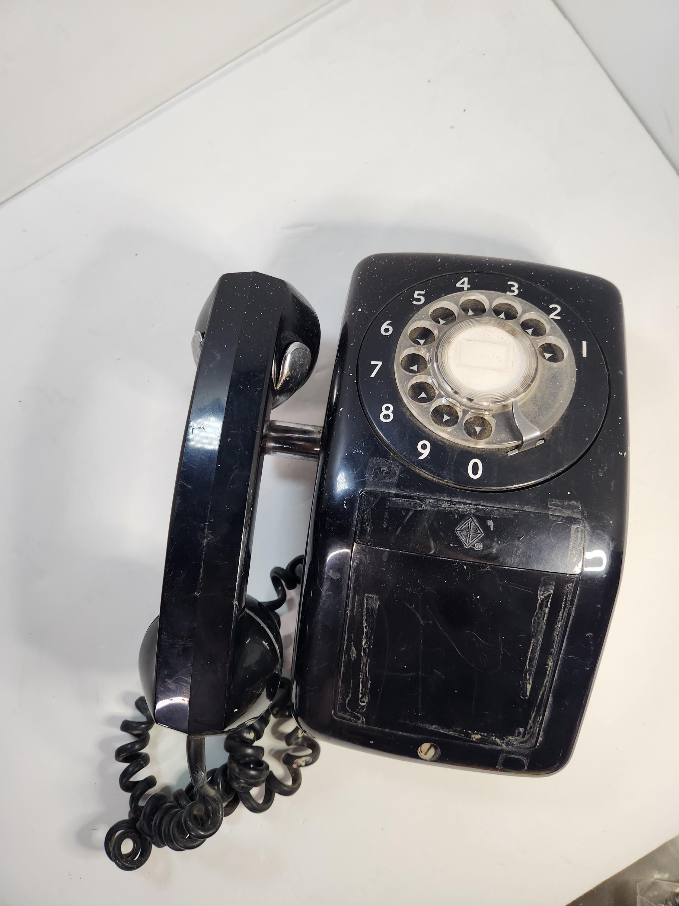 Vintage AECO Black Wall Mount Rotary Phone W/side Hanging Handset