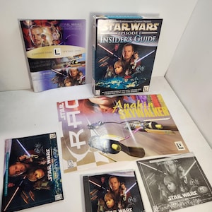 May include: A collection of Star Wars Episode I merchandise, including a box set of the Insider's Guide, a magazine featuring Anakin Skywalker, and a CD-ROM. The items feature images of characters from the film.