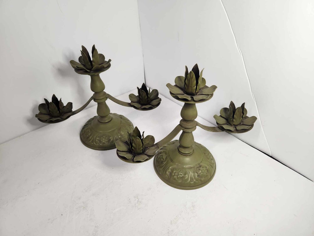 Vintage Pair of Wolin Metal Flower Candle Holders Candelabra Shabby