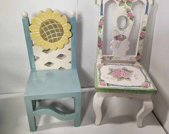 Vintage Lot Of 2 Wooden Painted Doll Chairs Furniture Sunflower Roses Approx 11"