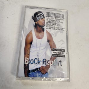 May include: A cassette tape for "Block Report" by 3xKrazy Presents B.A. The album cover features a man in a white tank top and a black bandana. The text includes "Parental Advisory Explicit Lyrics."