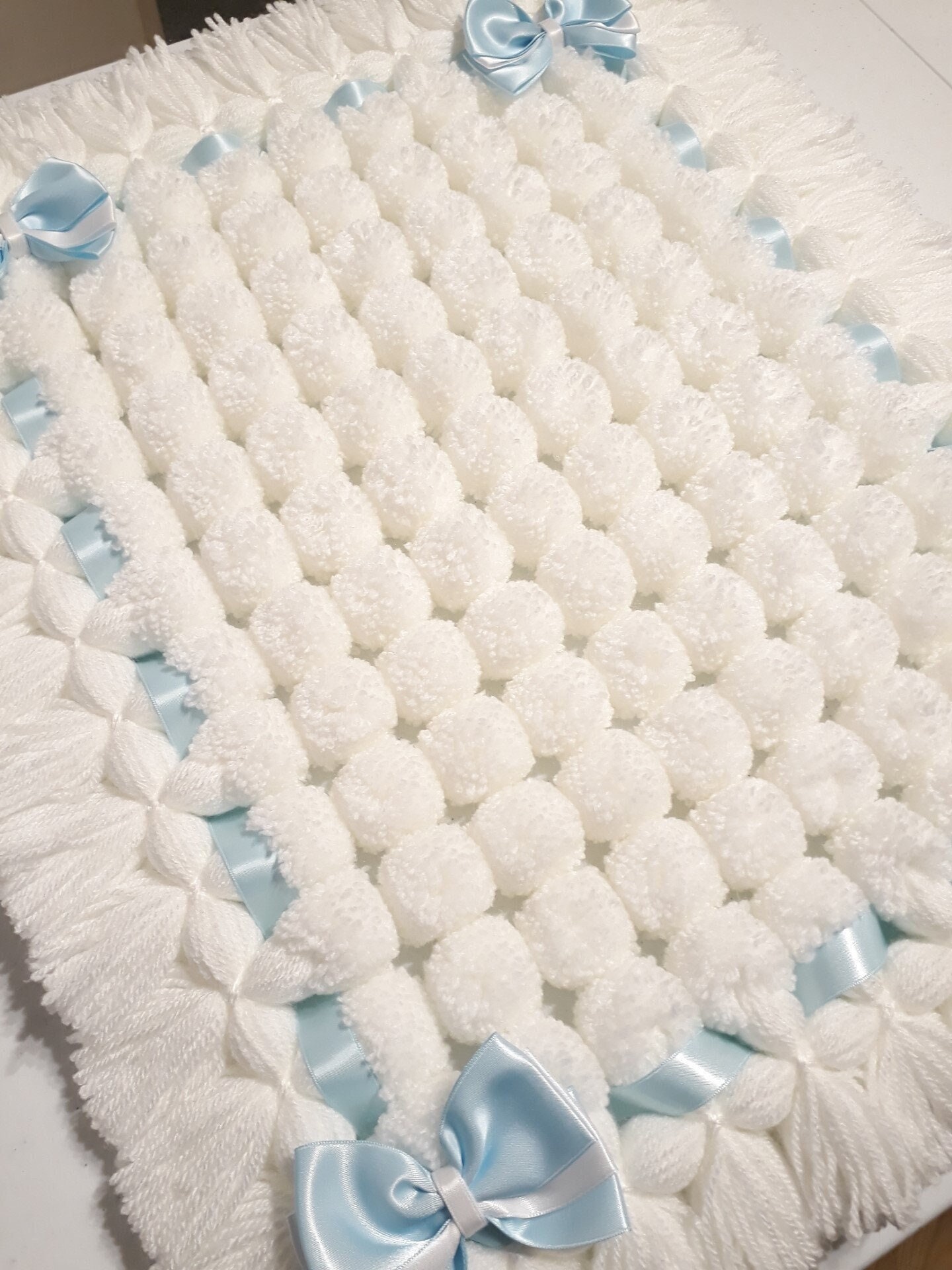 Beautiful White Pom Pom Baby Blanket & Blue Satin Ribbon Bows Etsy UK