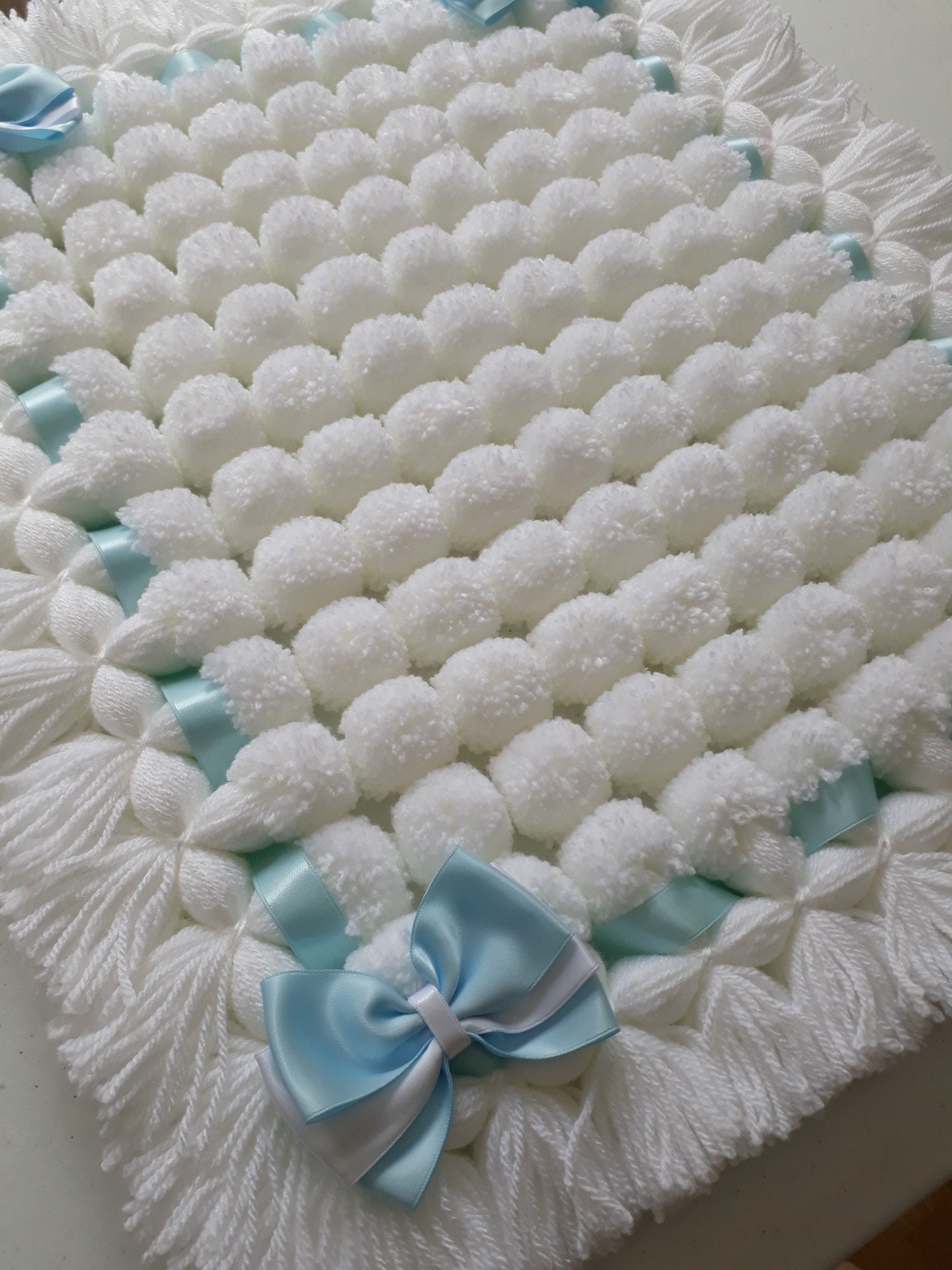 Beautiful White Pom Pom Baby Blanket & Blue Satin Ribbon Bows Etsy UK