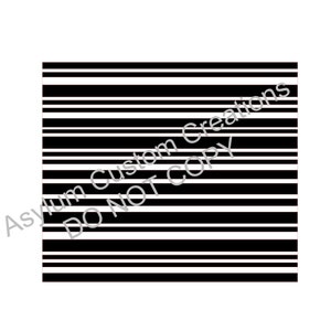 May include: Black and white striped pattern. The pattern is made up of horizontal stripes. The stripes are evenly spaced.