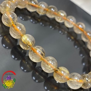 Natural Gold Rutilated Quartz Crystal Bracelet, 8mm Genuine Gold Rutile Quartz Crystal Bracelet | Elastic Stretch String | Perfect Gift