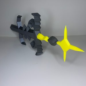 May include: A black and yellow 3D printed sword with a star-shaped tip. The sword has a detailed design with a textured surface.
