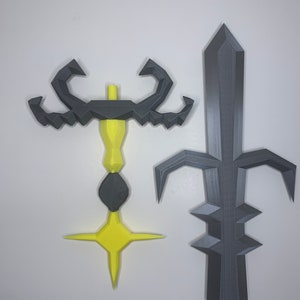 May include: Two 3D printed weapons, one yellow and one gray. The yellow weapon has a scorpion-like design with a star-shaped tip. The gray weapon is a sword with a pointed tip and a decorative design.