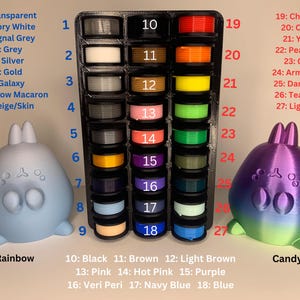 May include: A display of 27 spools of filament for 3D printing, organized in a grid with numbers 1-27. The filament colors include transparent, ivory white, signal grey, grey, silver, gold, galaxy, rainbow macaron, beige, black, brown, light brown, pink, hot pink, purple, veri peri, navy blue, blue, china red, orange, yellow, peak green, green, army green, dark green, teal matte, and light blue. The display is labeled "Macaron Rainbow" and "Candy Rainbow".