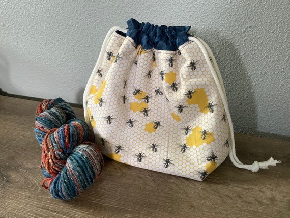Medium Drawstring Project Bag: Bee Fabric Knitting Crochet Craft Bag