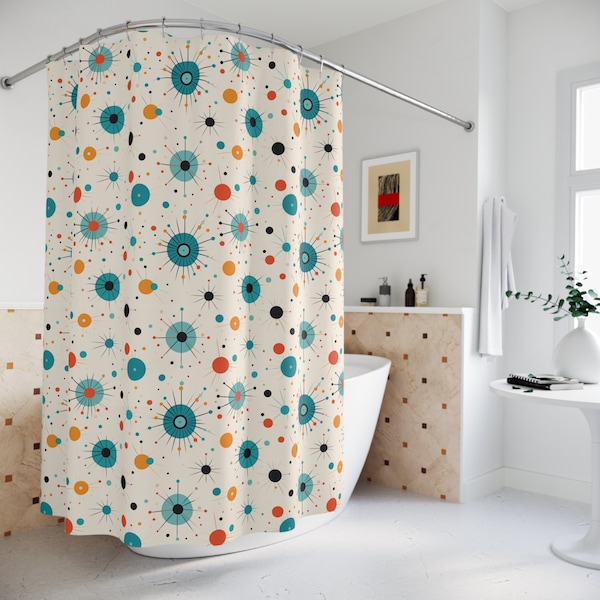 Gray And Teal Polka Dot Shower Curtain | Mid-Century Modern Bath Decor | Retro Vibes & Space Age Art | 50s Atomic Era Bathroom Accent
