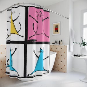 Cortina de ducha con diseño de gato de estilo pop art, gatos de dibujos animados retro coloridos, decoración divertida y caprichosa para el baño, regalo para el hogar inspirado en el arte moderno para amantes de los gatos