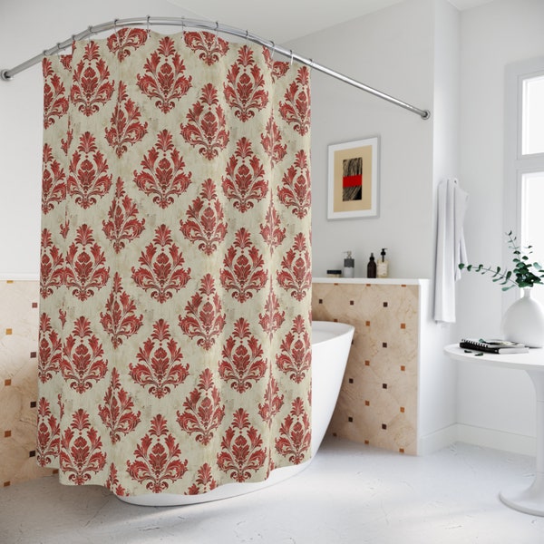 Luxueux rideau de douche damassé rouge et crème | Motif floral baroque vintage | Accessoire de bain élégant | Décoration d'intérieur sophistiquée