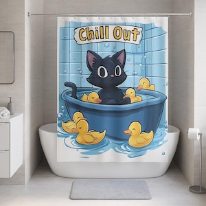 Cortina de ducha con gato negro y patitos de goma, adorable decoración de baño con dibujos de animales, divertido arte para la bañera, tema relajante, idea de regalo divertida para el baño.