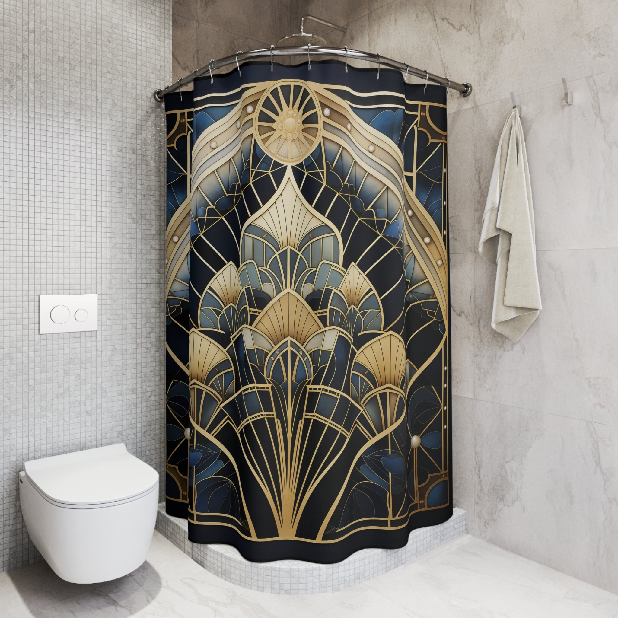 Art Deco Luxury Shower Curtain: Vintage Fan & Geometric Pattern, Navy