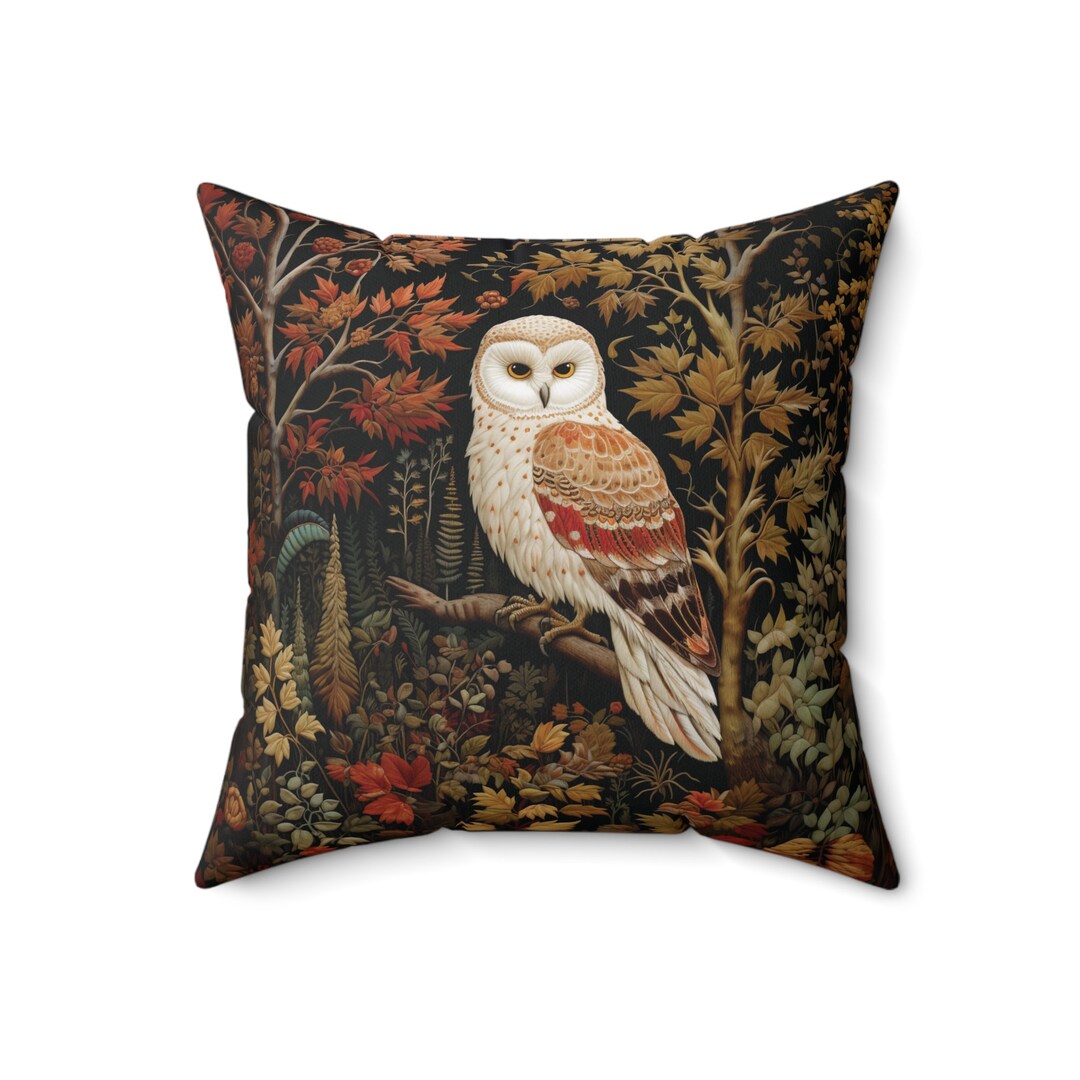 Decorative Barn Owl Pillow, William Morris Inspired Cottagecore