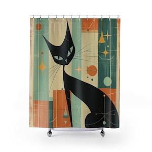 Cortina de Chuveiro com Padrão de Gato Atômico de Meados do Século - Silhueta Felina Retrô | Decoração Vintage para Banheiro | Decoração Chique e Impermeável para Banheiro