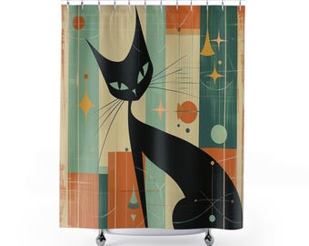 Mid-Century Atomic Cat Shower Curtain - Retro Feline Silhouette | Vintage Home Bathroom Decor | Chic Waterproof Bathroom Art Decor