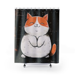 Cortina de ducha con diseño retro de gato japonés gris: gato de dibujos animados lindo y feliz, felino kawaii vintage sobre fondo oscuro, decoración de baño urbana de los años 90