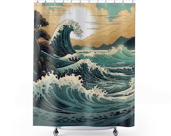 Japanese Waves Shower Curtain, Hokusai Inspired, Modern Ukiyo-e Decor