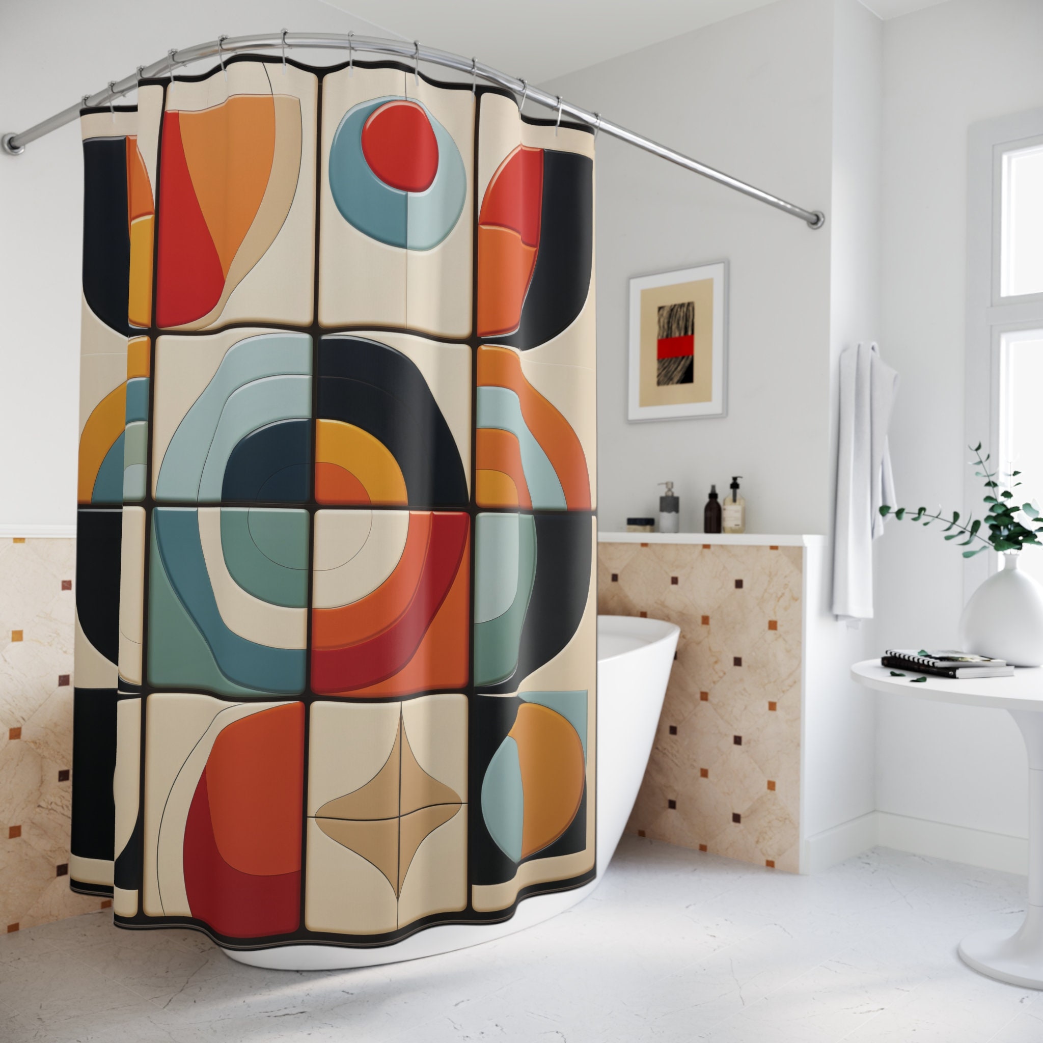 Mid-Century Modern Pattern Shower Curtain - 60s Vintage Bath Decor - Boho Chic Home - MCM Bathroom - Retro Chic Circles & Squares