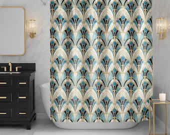 Art Deco Shower Curtain - Luxurious Gilded Fans & Teal Elegance, Retro Bath Glamour, Chic Vintage Geometric Design, 1920s Gatsby Glam